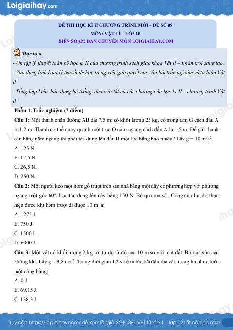 Đề thi học kì 2 Vật lí 10 Chân trời sáng tạo - Đề số 9